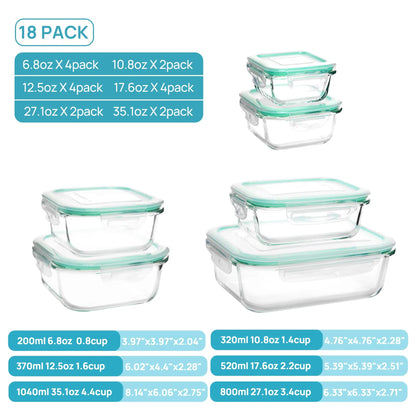Premium 18-piece glass food storage container set with airtight lids; BPA-free and reusable, suitable for meal prep, lunches, salads, and storing soups; includes rectangular and square shapes, featuring silicone sealing rings.