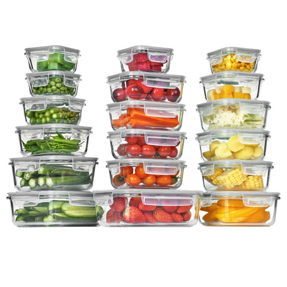 Premium 18-piece glass food storage container set with airtight lids; BPA-free and reusable, suitable for meal prep, lunches, salads, and storing soups; includes rectangular and square shapes, featuring silicone sealing rings.