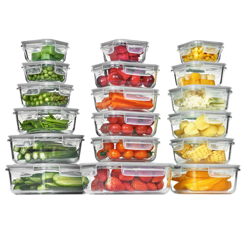 Premium 18-piece glass food storage container set with airtight lids; BPA-free and reusable, suitable for meal prep, lunches, salads, and storing soups; includes rectangular and square shapes, featuring silicone sealing rings.