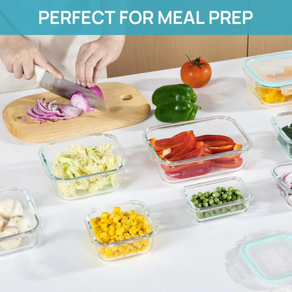 Premium 18-piece glass food storage container set with airtight lids; BPA-free and reusable, suitable for meal prep, lunches, salads, and storing soups; includes rectangular and square shapes, featuring silicone sealing rings.