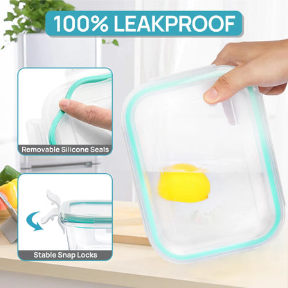 Premium 18-piece glass food storage container set with airtight lids; BPA-free and reusable, suitable for meal prep, lunches, salads, and storing soups; includes rectangular and square shapes, featuring silicone sealing rings.