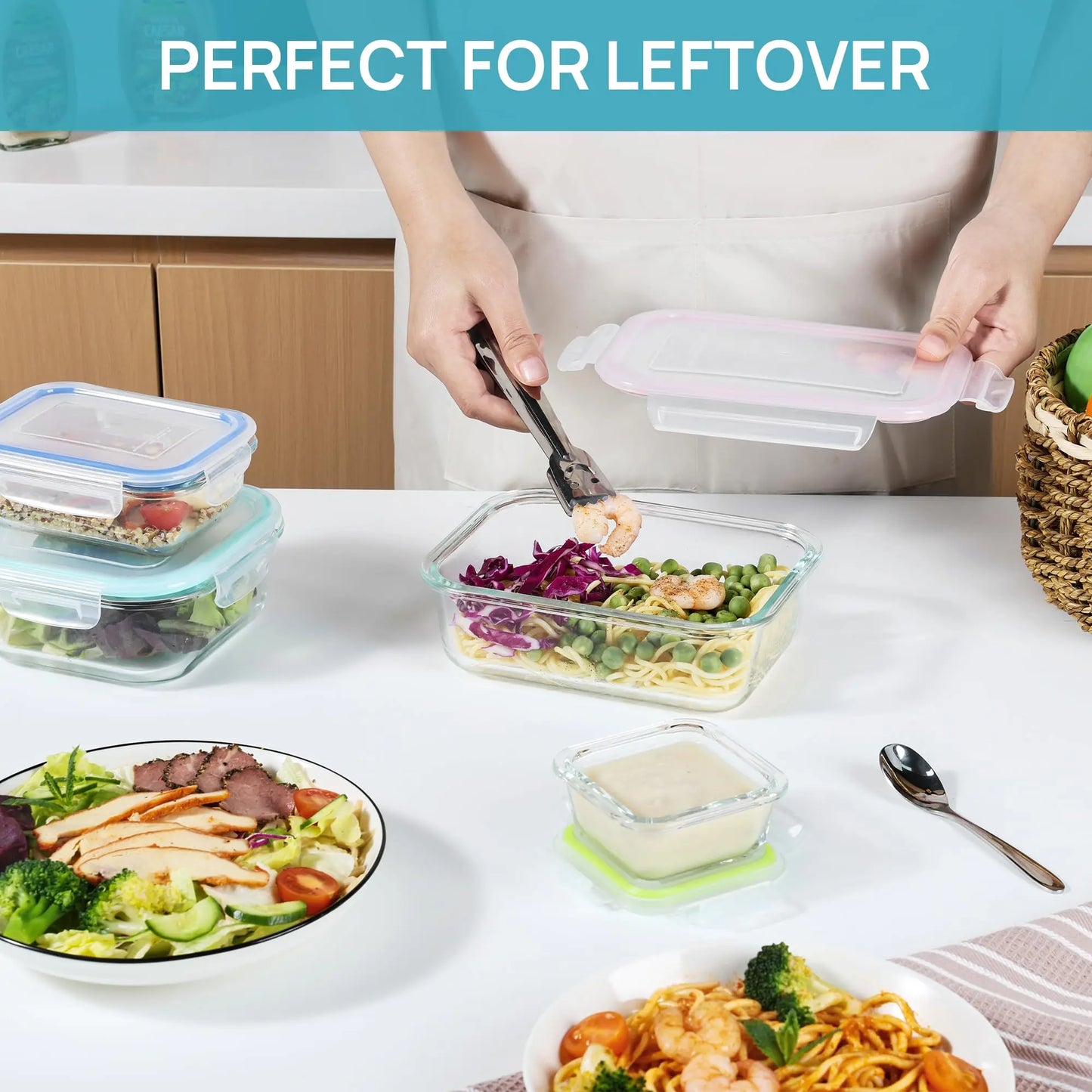 Premium 18-piece glass food storage container set with airtight lids; BPA-free and reusable, suitable for meal prep, lunches, salads, and storing soups; includes rectangular and square shapes, featuring silicone sealing rings.