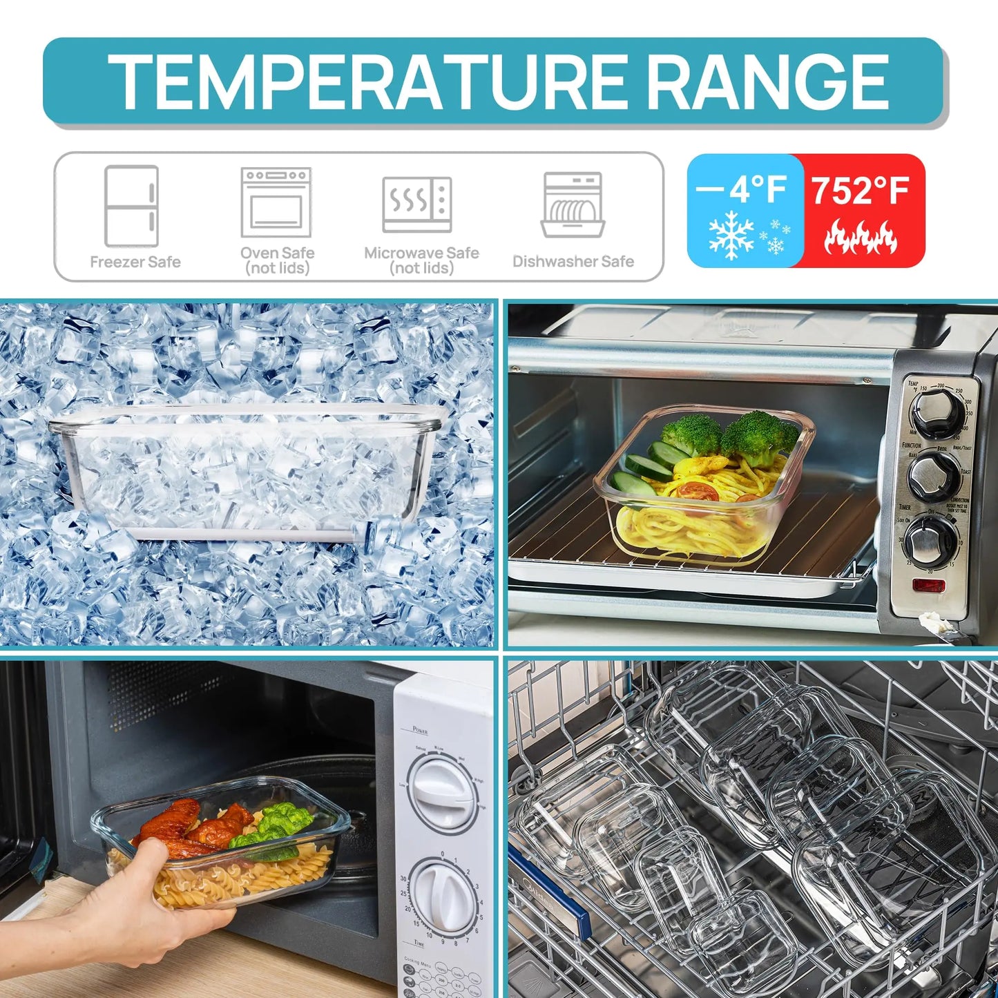 Premium 18-piece glass food storage container set with airtight lids; BPA-free and reusable, suitable for meal prep, lunches, salads, and storing soups; includes rectangular and square shapes, featuring silicone sealing rings.