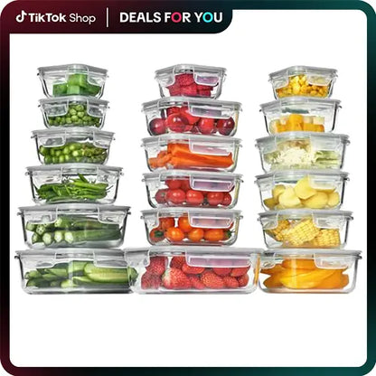 Premium 18-piece glass food storage container set with airtight lids; BPA-free and reusable, suitable for meal prep, lunches, salads, and storing soups; includes rectangular and square shapes, featuring silicone sealing rings.