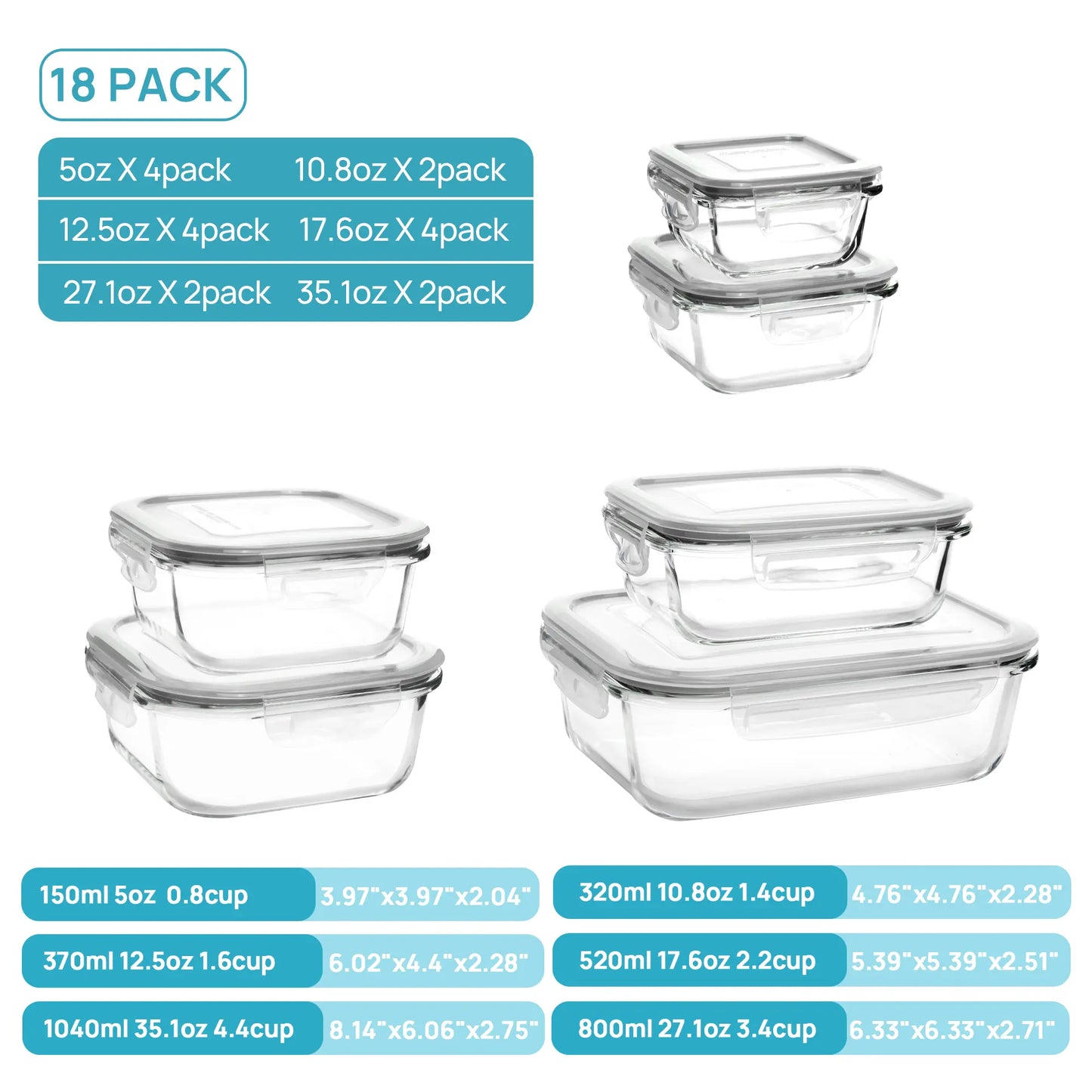 Premium 18-piece glass food storage container set with airtight lids; BPA-free and reusable, suitable for meal prep, lunches, salads, and storing soups; includes rectangular and square shapes, featuring silicone sealing rings.