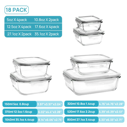 Premium 18-piece glass food storage container set with airtight lids; BPA-free and reusable, suitable for meal prep, lunches, salads, and storing soups; includes rectangular and square shapes, featuring silicone sealing rings.